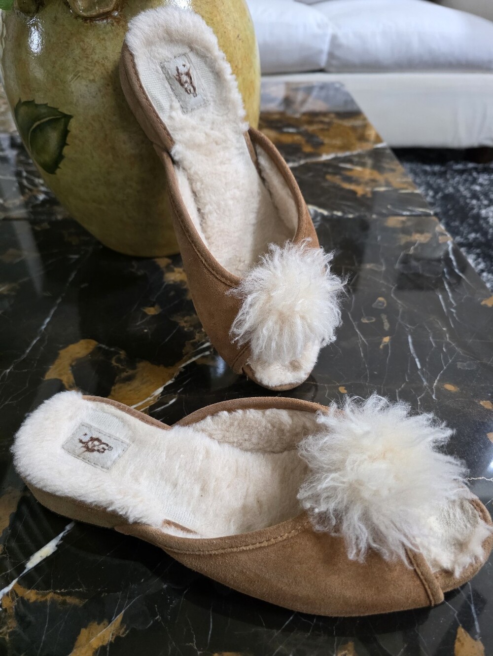 UGG Yvette Ballet Coquette Pom Pom Peep Toe Slip On Low Heel Flat Slippers 8